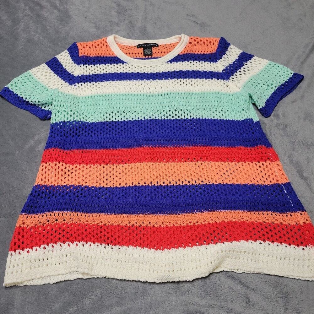 Grace Elements Womens Large Blue Stripe Open Knit Top Short Sleeve Neck Stretch